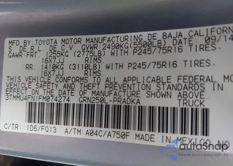 2015 Toyota Tacoma Base V6 из США, поврежденный, VIN 3TMMU4FN1FM074274